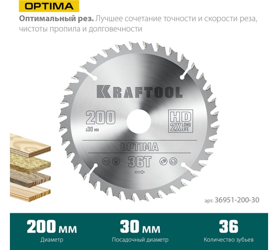 Диск пильный по дереву KRAFTOOL Optima 200x30 мм, 36Т 36951-200-30