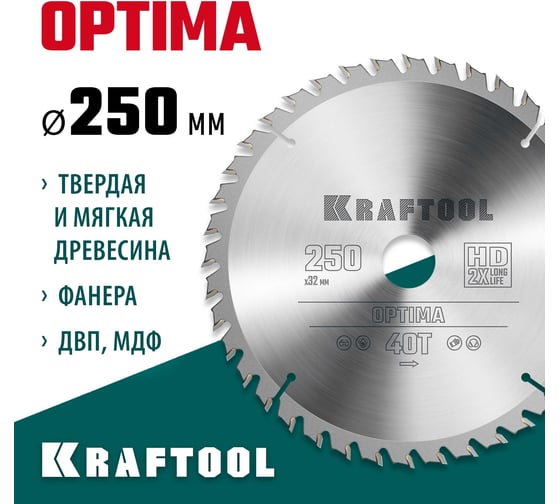 Диск пильный по дереву KRAFTOOL Optima 250x32 мм, 40Т 36951-250-32