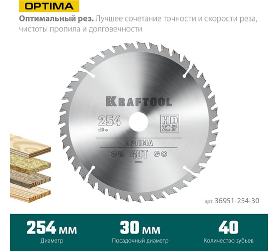 Диск пильный по дереву KRAFTOOL Optima 254x30 мм, 40Т 36951-254-30