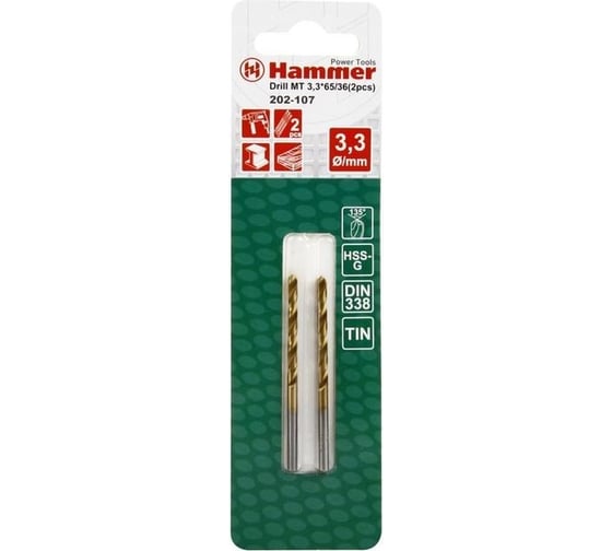 Сверло FLEX DR MT 3.3х65/36 мм, металл, HSS, TIN, 2 шт Hammer 202-107