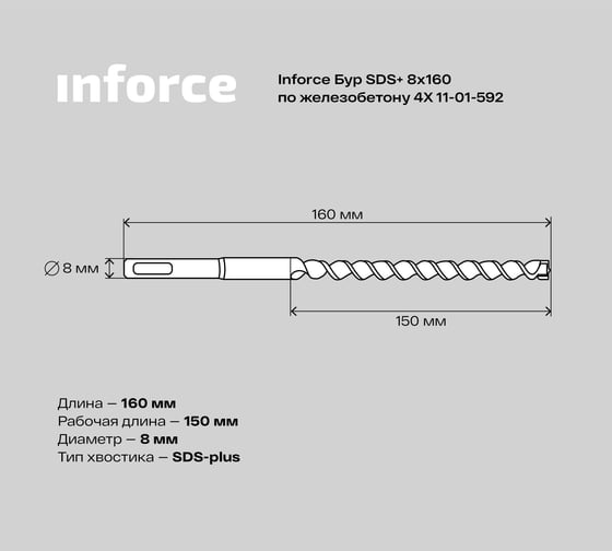 Бур по железобетону 4X (8х160 мм; SDS+) Inforce 11-01-592