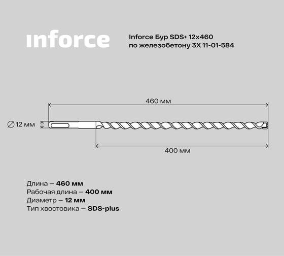 Бур по железобетону 3X (12х460 мм; SDS+) Inforce 11-01-584