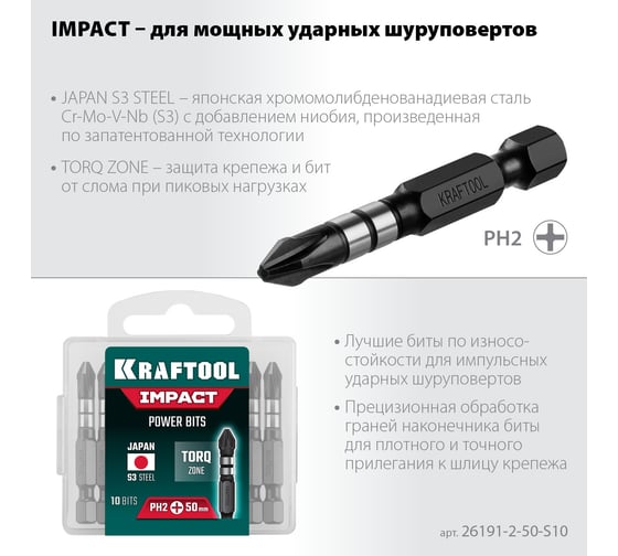 Набор ударных бит KRAFTOOL Impact Pro E 1/4", PH2, 50 мм, 10 шт 26191-2-50-S10