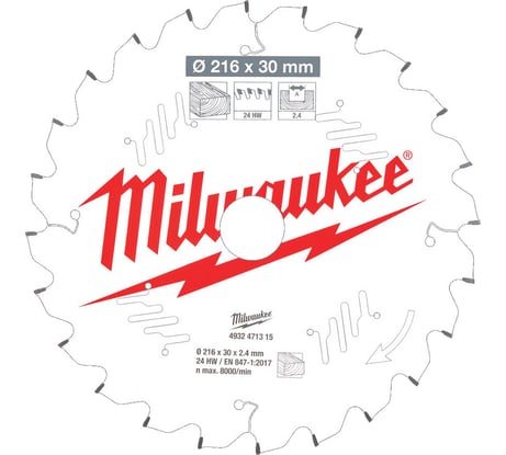 Диск пильный по дереву (216x30x2.4 мм; 24Z) для торцовочной пилы Milwaukee 4932471315