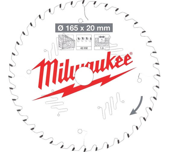 Диск пильный по дереву (165x20x1.6 мм; 40Z) для циркулярной пилы Milwaukee 4932471932 1