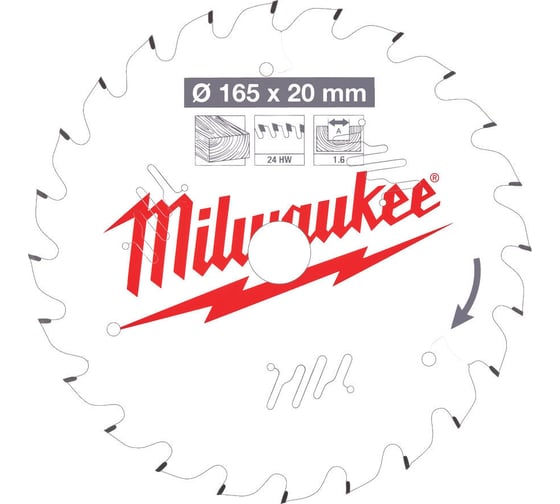 Диск пильный по дереву (165x20x1.6 мм; 24Z) для циркулярной пилы Milwaukee 4932471931 1