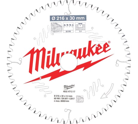 Диск пильный по дереву (216x30x2.4 мм; 60Z) для торцовочной пилы Milwaukee 4932471317
