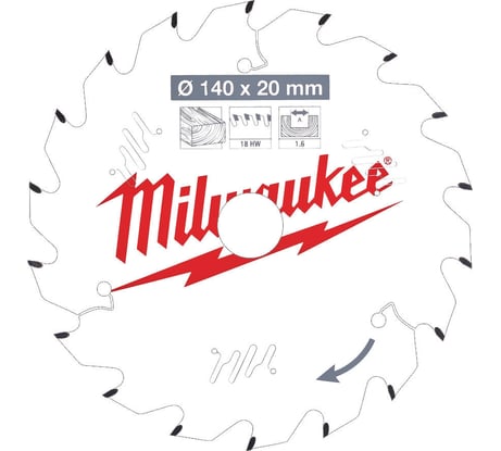 Диск пильный по дереву (140x20x1.6 мм; 18Z) для циркулярной пилы Milwaukee 4932471310