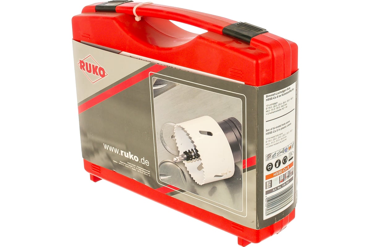Набор коронок Bi-Metall HSSE-Co8 (10 шт; 19-64 мм; 2 адаптера) RUKO ...
