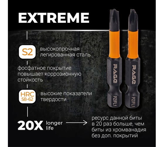 Биты магнитные S2 PZ/FL1, 50 мм, 2 шт rage by VIRA 554138