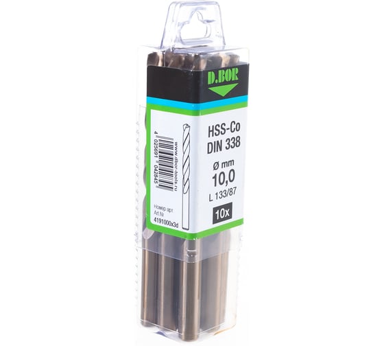 Сверло по металлу Cobalt 5% HSS-Co DIN 338 (10 шт; 10x87х133 мм) D.BOR 4191000X3D