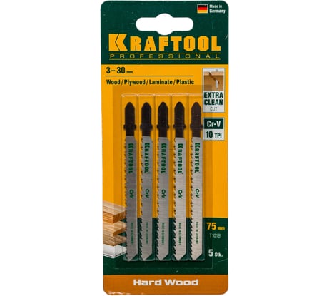 Пилки для электролобзика, Cr-V, по дереву, ДСП, ДВП, чистый рез, EU-хвостовик, шаг 2,5 мм, 75 мм, 5 шт. Kraftool 159511-2.5-S5