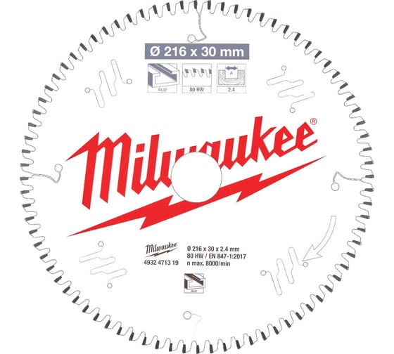 Диск пильный по алюминию (216x30x2.4 мм; 80Z) для торцовочной пилы Milwaukee 4932471319 1