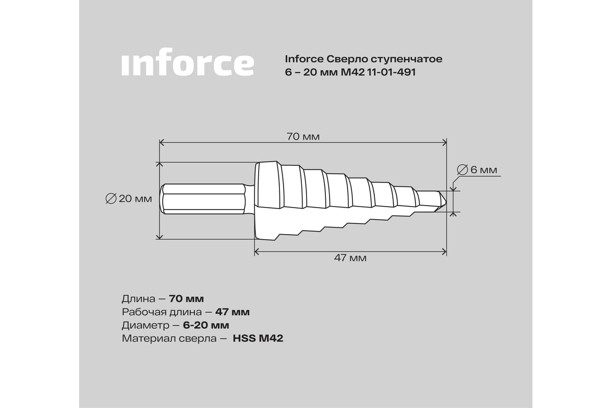 Сверло ступенчатое (6-20 мм; M42) Inforce 11-01-491 - выгодная цена ...