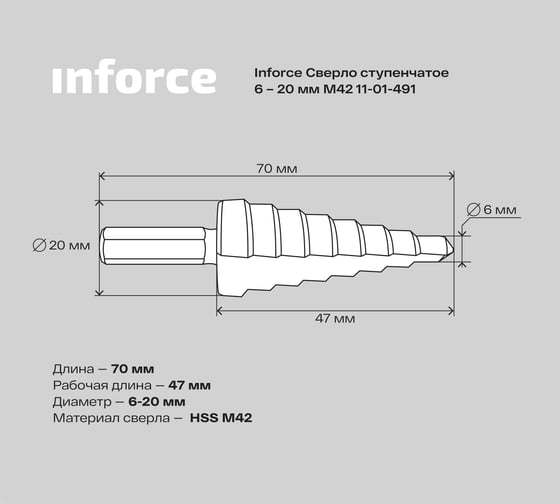 Сверло ступенчатое (6-20 мм; M42) Inforce 11-01-491