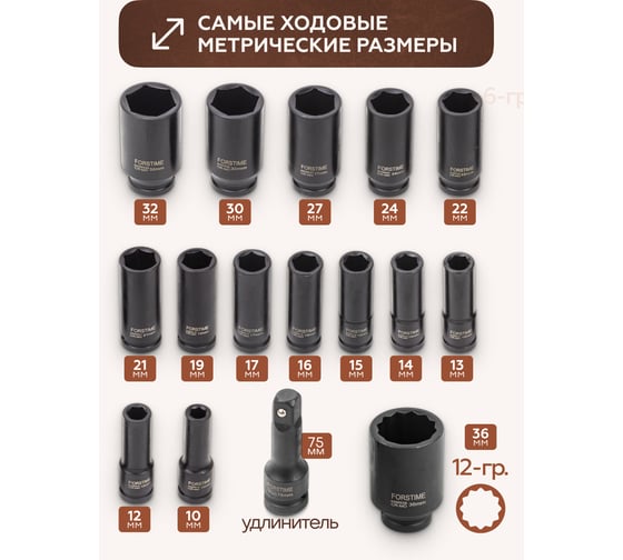Набор головок ударных 16 предметов, 1/2''DR FORSTIME FT-4177-5MPB(52558)