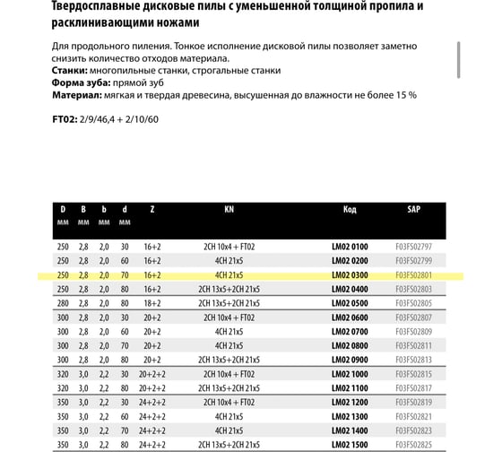 Пильный диск по дереву 250x2.8x70 мм, Z16+2, HM LM02 Freud 0300