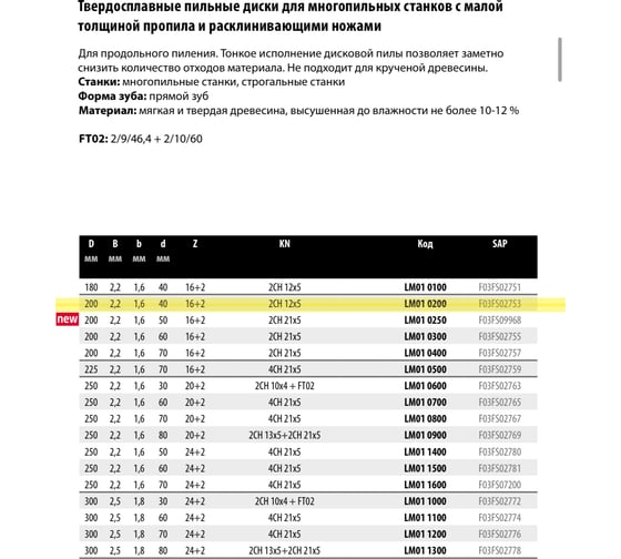 Пильный диск по дереву 200x2.2x40 мм, Z16+2, HM LM01 Freud 0200