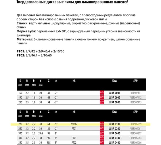Пильный диск по ламинату 220x3.2x30 мм, Z64, HM Lu3A Freud 0100