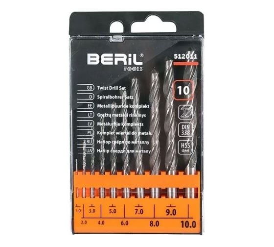 Набор сверл по металлу 1.0-10 мм, 10 шт., пластиковый футляр 512011 Beril 12641
