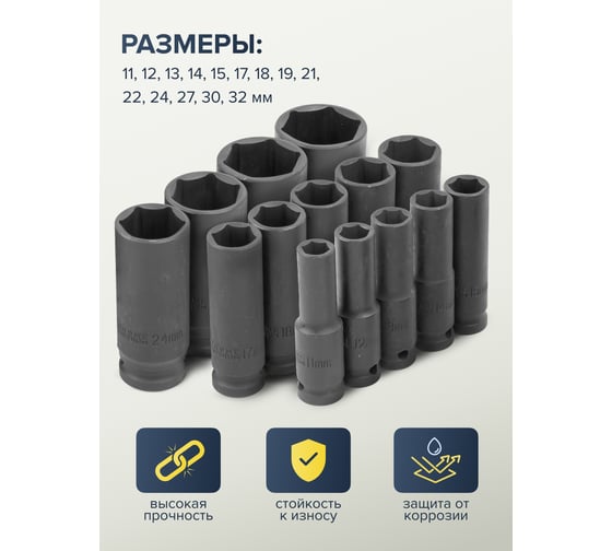 Набор головок ударных глубоких 14 предметов, 1/2"DR (11-15, 17-19, 21, 22, 24, 27, 30, 32 мм) в кейсе Partner PA-4141MPB(15213)