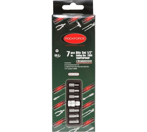 Набор бит TORX с отверстием и битодержателем 7 предметов 1/2 ROCKFORCE RF-4074TH(27218)