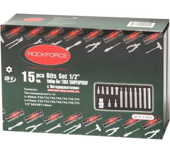 Набор бит TORX с отверстием и битодержателем ROCKFORCE 15 предметов 1/2 RF-4156TH
