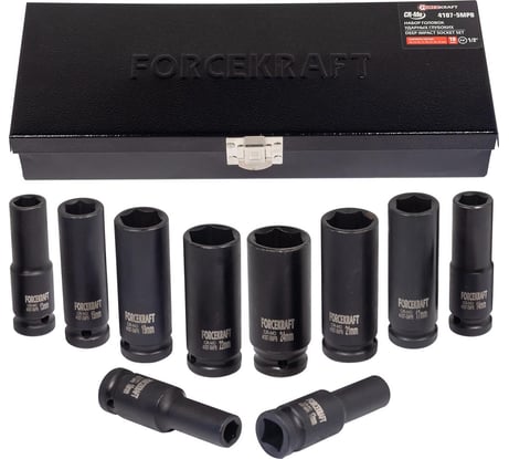 Набор головок ударных глубоких 10 шт, 1/2"DR, 6 гр., 10, 12-15, 17, 19, 21, 22, 24 мм, в кейсе Forcekraft FK-4107-5MPB(16210)