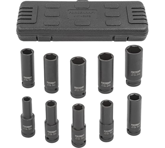 Набор головок ударных глубоких 10 шт, 1/2"DR, 6 гр., 10, 12-15, 17, 19, 21, 22, 24 мм, в кейсе Forcekraft FK-4107-5MPB(16210)
