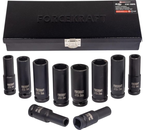 Набор головок ударных глубоких 10 шт, 1/2"DR, 6 гр., 10, 12-15, 17, 19, 21, 22, 24 мм, в кейсе Forcekraft FK-4107-5MPB(16210)