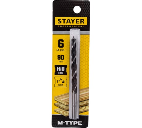 Сверло спиральное по дереву М-образная заточка M-type Professional (6х90х50 мм; HCS) Stayer 2942-090-06_z02
