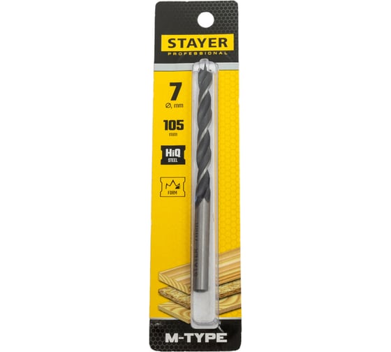 Сверло спиральное по дереву М-образная заточка M-type Professional (7х105х75 мм; HCS) Stayer 2942-105-07_z02