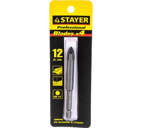 Сверло по керамике и стеклу с четырьмя режущими лезвиями PROFI 12 мм STAYER 2985-12_z01