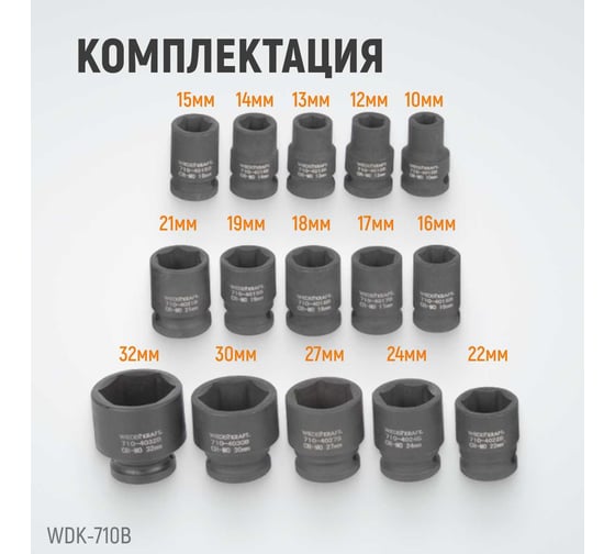 Набор ударных головок (15 пр, 1/2", 10-32 мм) WIEDERKRAFT WDK-710B