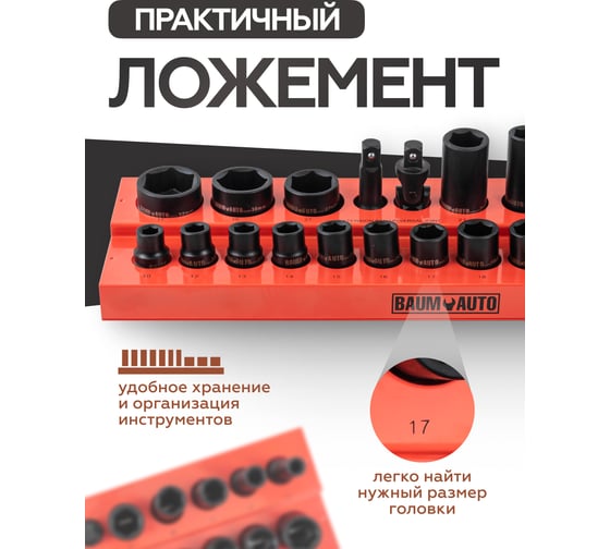 Головки ударные 6-гранные 22 предмета, 1/2", BaumAuto BM-50221MPB(57095)