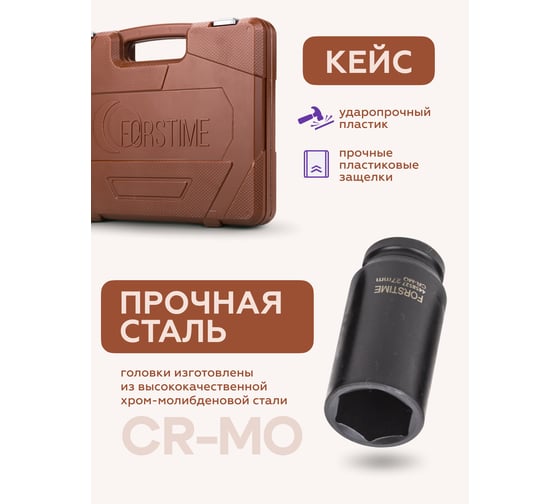 Набор головок ударных глубоких 16 предметов, 1/2'' DR, 6-гранные, в кейсе FORSTIME FT-4167-5MPB(52557)