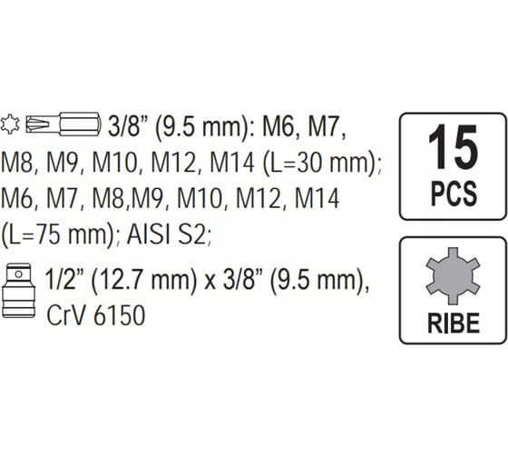 Набор бит RIBE (15 шт; 1/2; М6-М14) YATO YT-0419