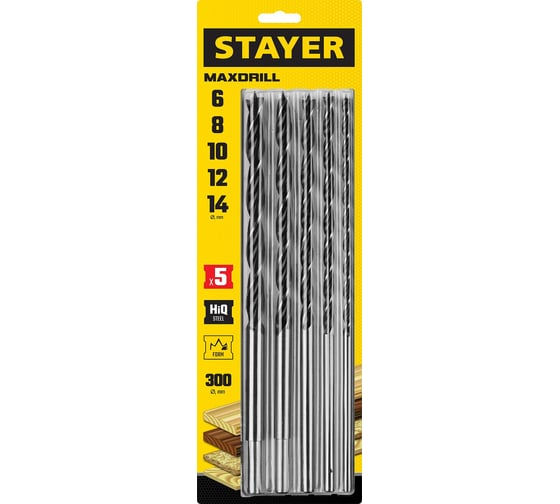 Набор сверл спиральных по дереву STAYER Maxdrill (5 шт; 6-8-10-12-14x300 мм) 2943-300-H5_z01