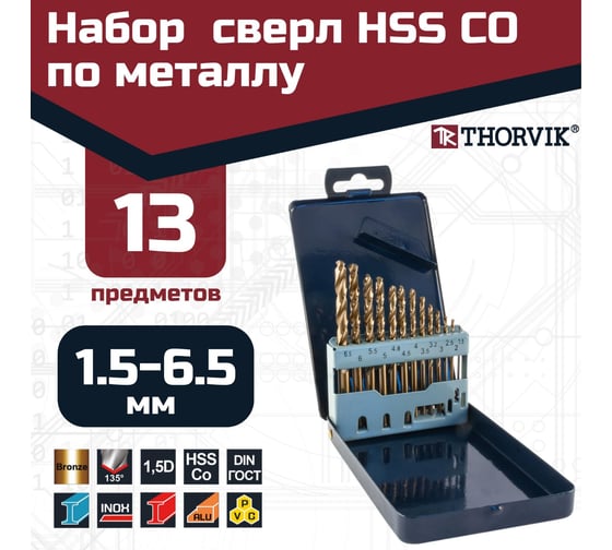 Набор спиральных сверл по металлу (13 шт, 1.5-6.5 мм, HSS Co) в металлическом кейсе Thorvik TDBS13K5 13 052897