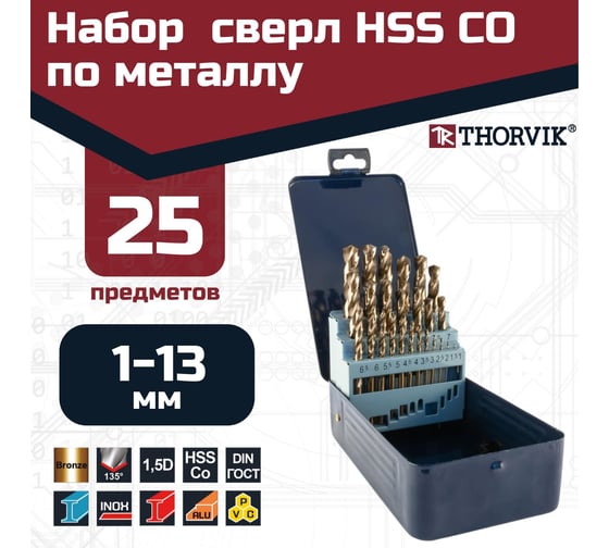 Набор спиральных сверл по металлу (25 шт, HSS Co, 1.0-13.0 мм) в металлическом кейсе Thorvik TDBS25K5 25 052899