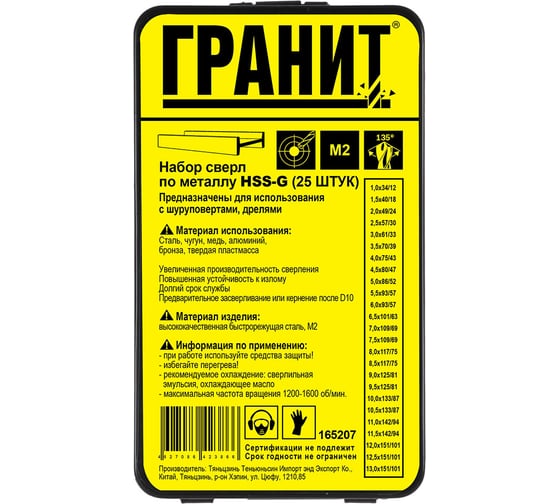 Набор сверл по металлу HSS-G из 25 штук металлическая упаковка ГРАНИТ 165207