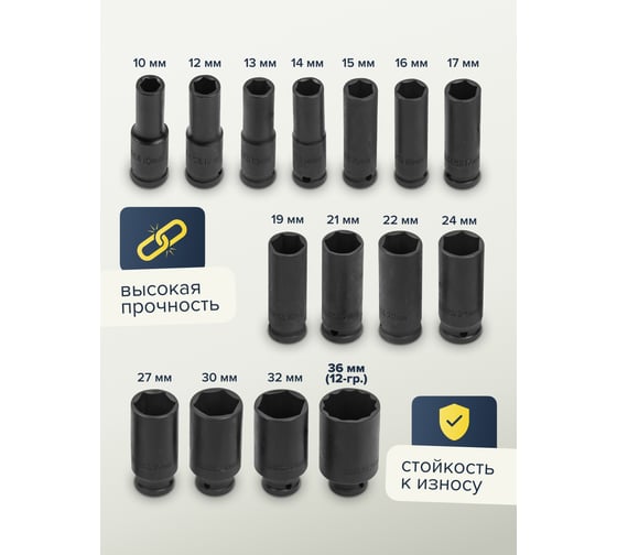 Набор головок ударных глубоких 15 предметов, 1/2", 6-гранных 10, 12-17, 19, 21, 22, 24, 27, 30, 32 мм, 12-гранных 36 мм, в пластиковом кейсе Partner PA-4166D-5MPB(54748)