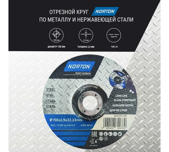 Отрезной круг по металлу тип 42 150x2.5x22.2 мм NORTON 66253371205