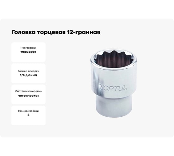 Головка торцевая 12-гранная 8 мм, 1/4"DR TOPTUL BAEB0808