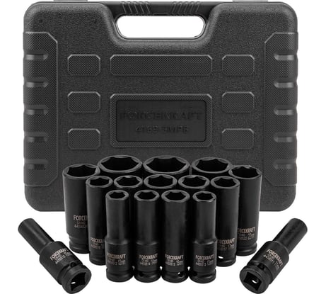 Набор головок ударных глубоких 16 предметов, 1/2"DR (10-19, 21, 22, 24, 27, 30, 32 мм), в кейсе Forcekraft FK-4169-5MPB(26464)