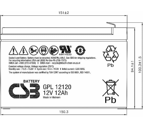 Аккумулятор для ИБП CSB GPL12120 F2 12В, 12 Ач УТ-00000102
