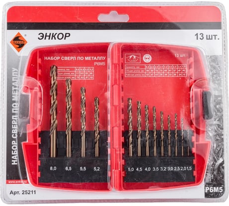 Набор сверл по металлу Энкор Р6М5 1.5-8 мм 6/6/36 13 шт. 25211