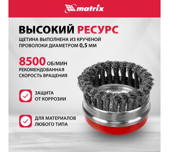 Щетка Matrix для УШМ Heavy Duty 100 мм М14 "чашка" крученая металлическая проволока 74672