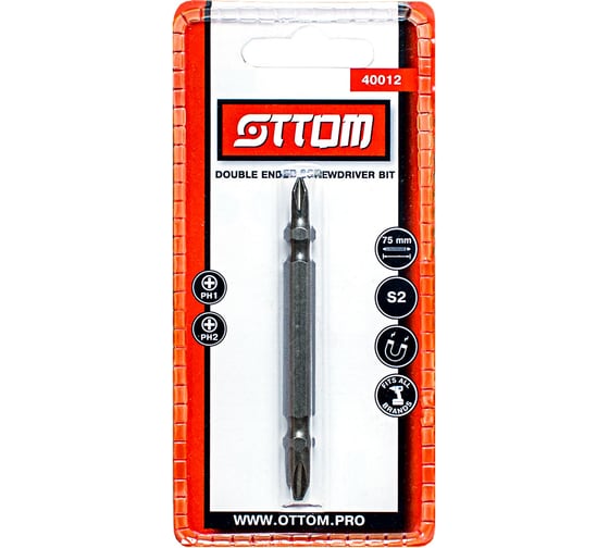 Бита двухсторонняя PH2-PH1x75 мм (S2, 1 шт) OTTOM 40012