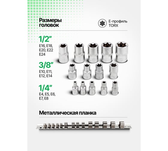 Набор торцевых головок 1/2"&1/4"&3/8"DR звездочка E4-24 14 предметов Rockforce RF-4158(11711)